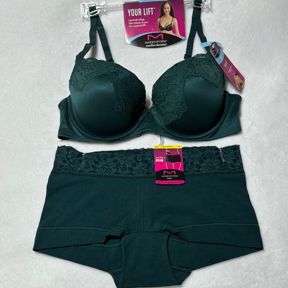 NWT Maidenform Dark Green Lift Lace Bra 36C and Panty M/6 Set